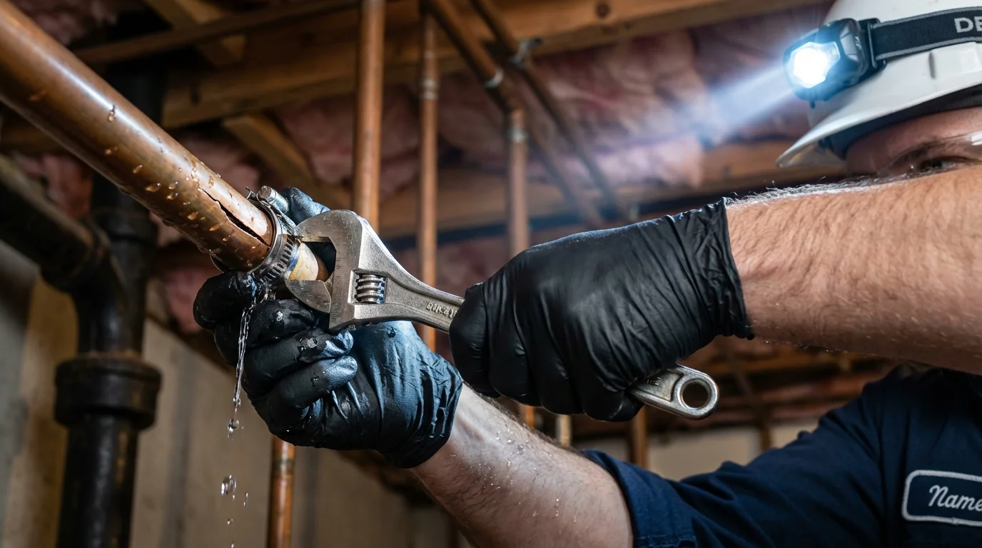 Emergency pipe clamp repair being performed by a Johns Plumbing LLC plumber in Cambridge