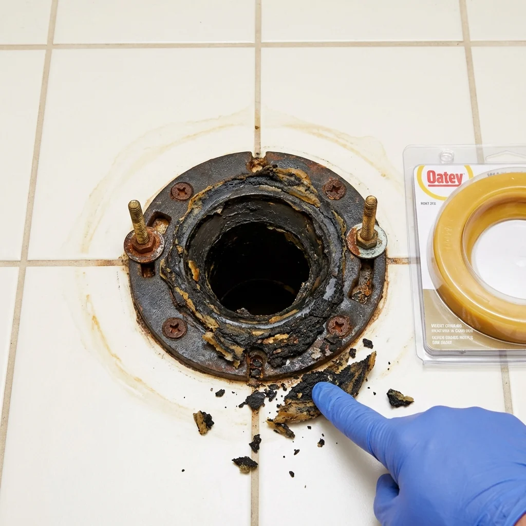 Failed wax ring showing water seepage at the base of a toilet in a Cambridge, MN home